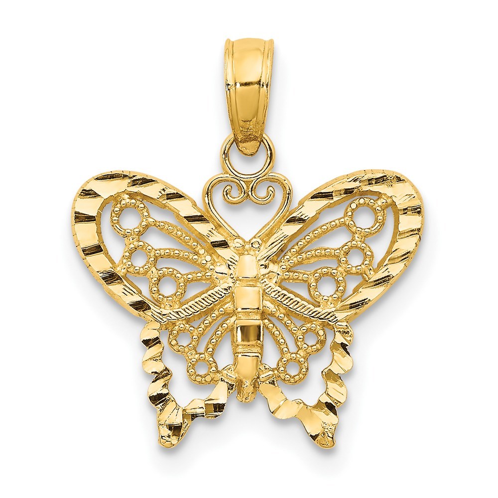 14k Yellow Genuine Gold Diamond-cut Butterfly Necklace Charm Pendant